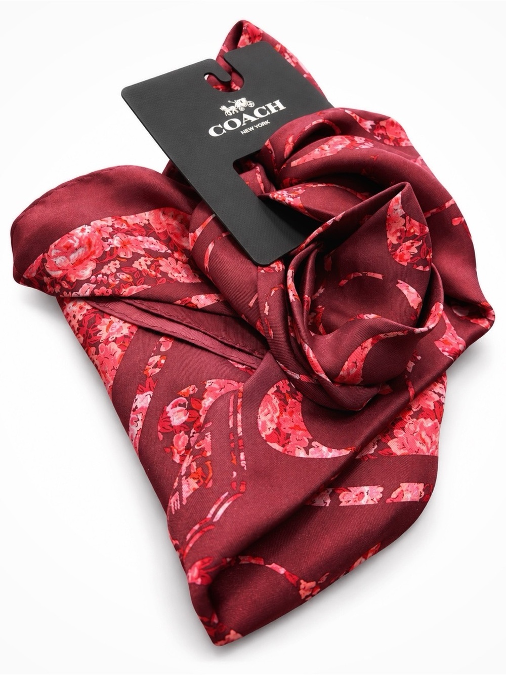 COACH Logo Rose Meadow Print Burgundy Floral Silk Scarf With “C” Print NEW $95